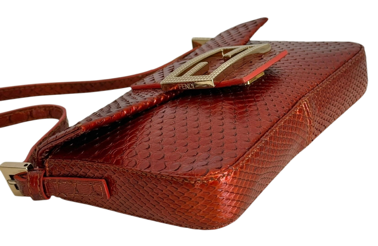 Fendi Vintage Burnt Orange Python Mini Baguette Shoulder Bag