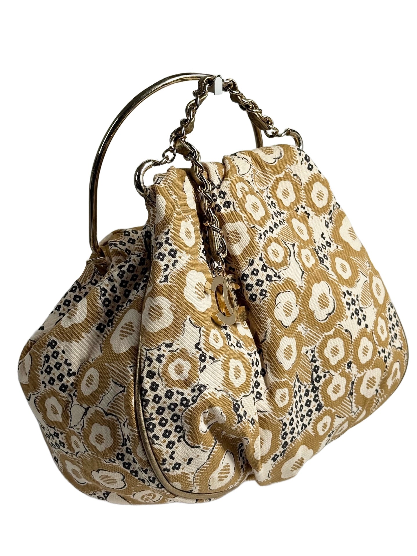 Chanel Vintage 00s Beige Camelia Print Chain Top Handle Clutch Bag