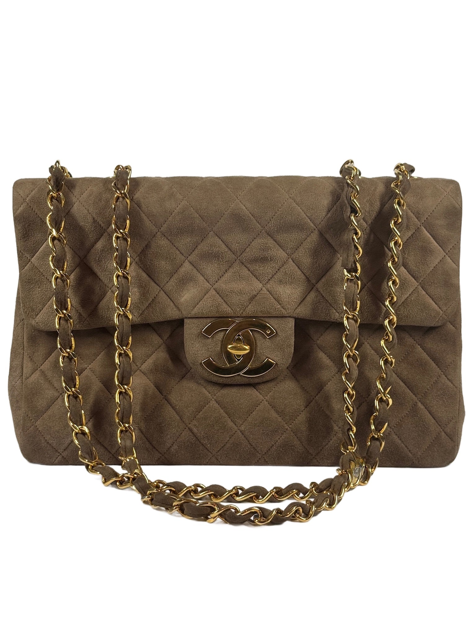Chanel Vintage 90s Brown Quilted Suede Jumbo CC Shoulder Classic Single Flap Bag