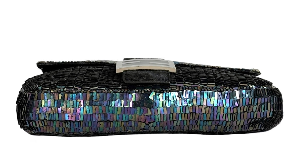Fendi Vintage Iridescent Black Palliates Sequin Beaded Baguette with Pony Hair Trim