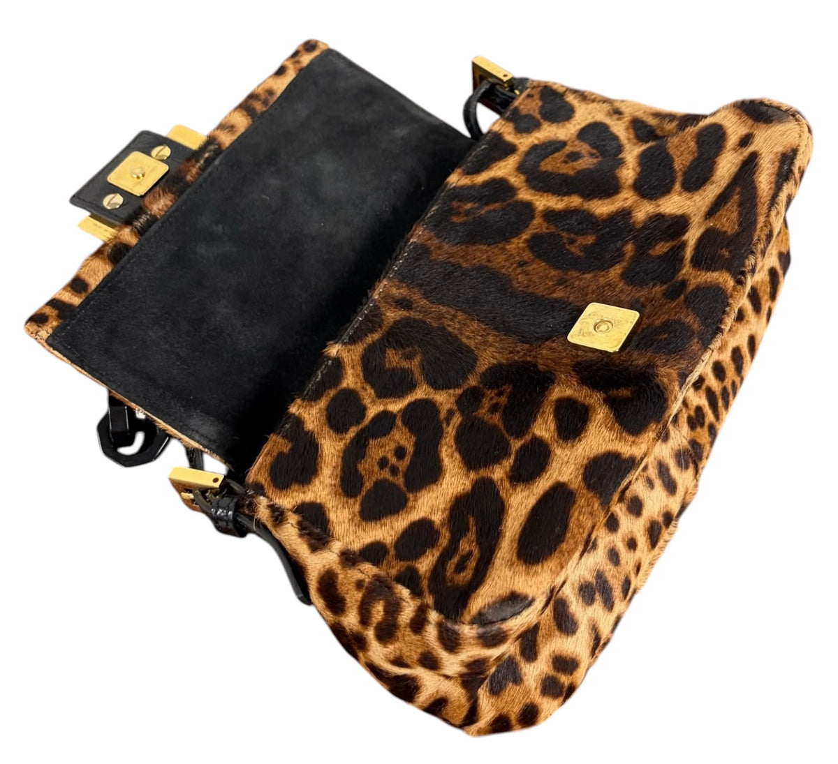 Fendi Vintage Leopard Print Pony Hair Marble Logo Mini Mamma Shoulder Baguette Bag