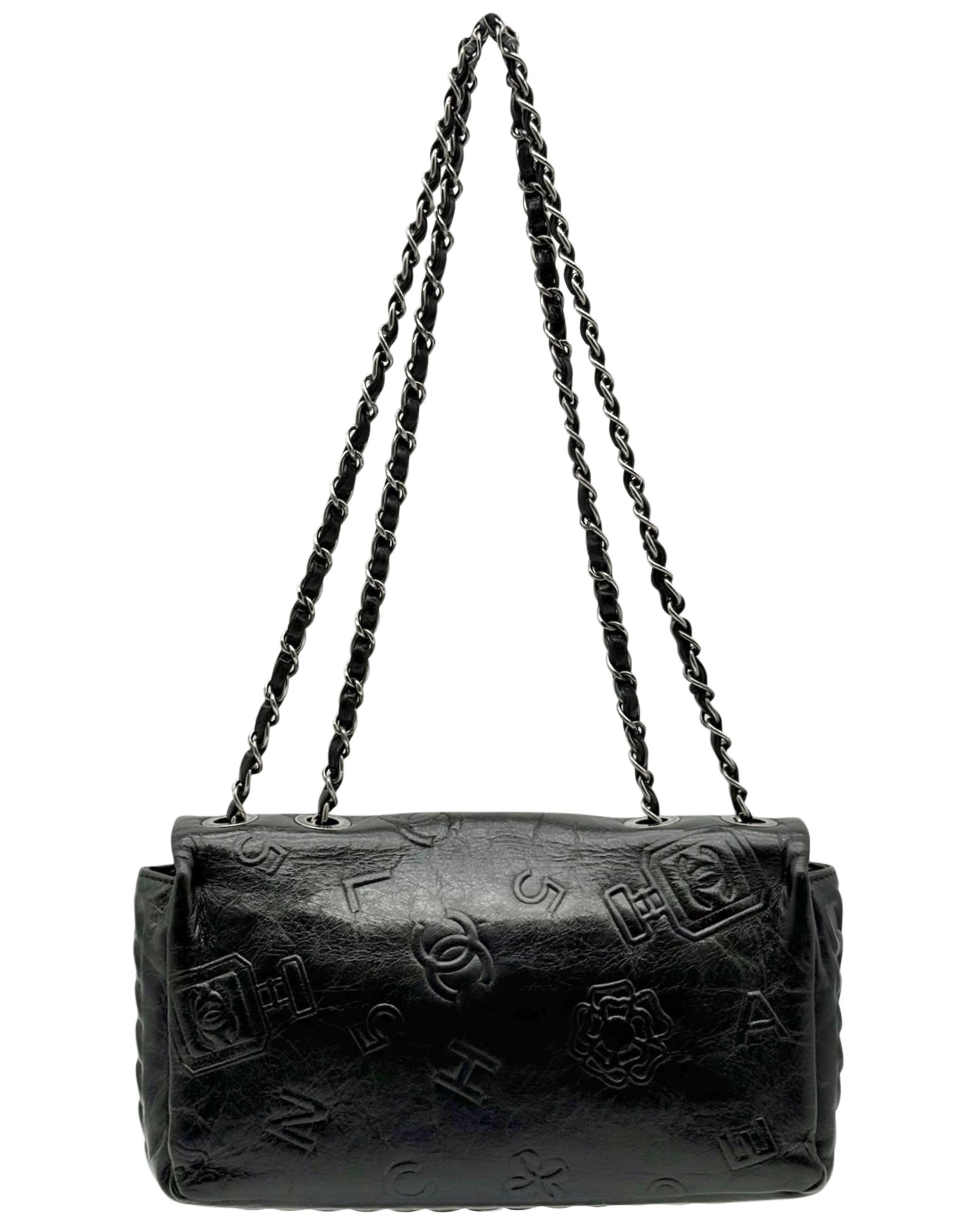 Chanel 2014 Black Calfskin Embossed Precious Symbols Medium Classic Flap with Ruthenium Hardware