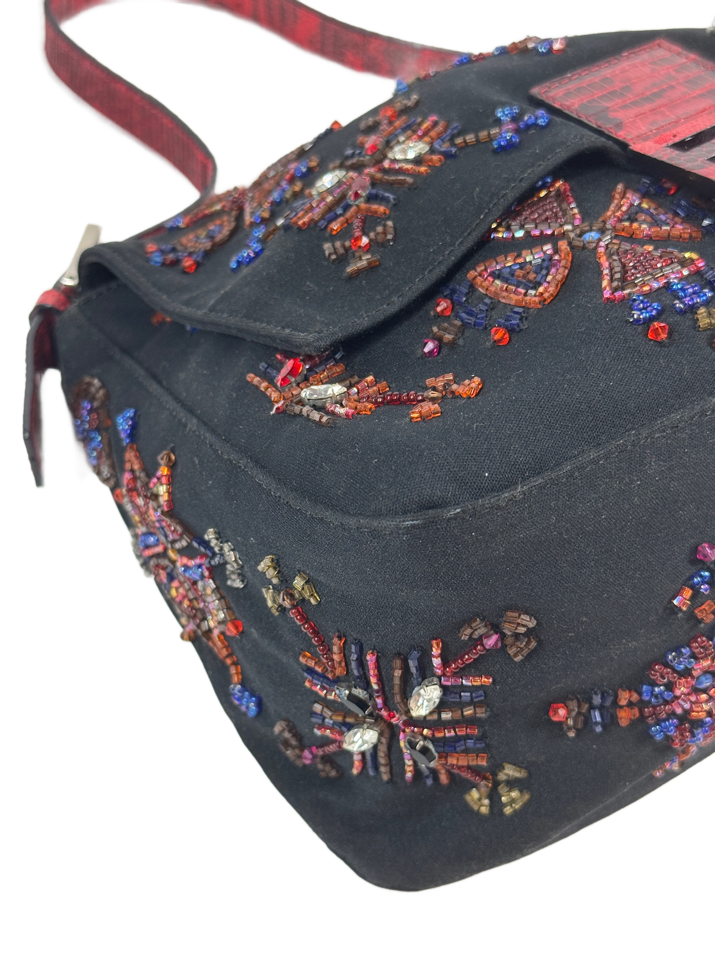 Fendi Vintage Black Nylon Embroidered Beaded Aztec Red Lizard Trim Mamma Baguette Shoulder Bag