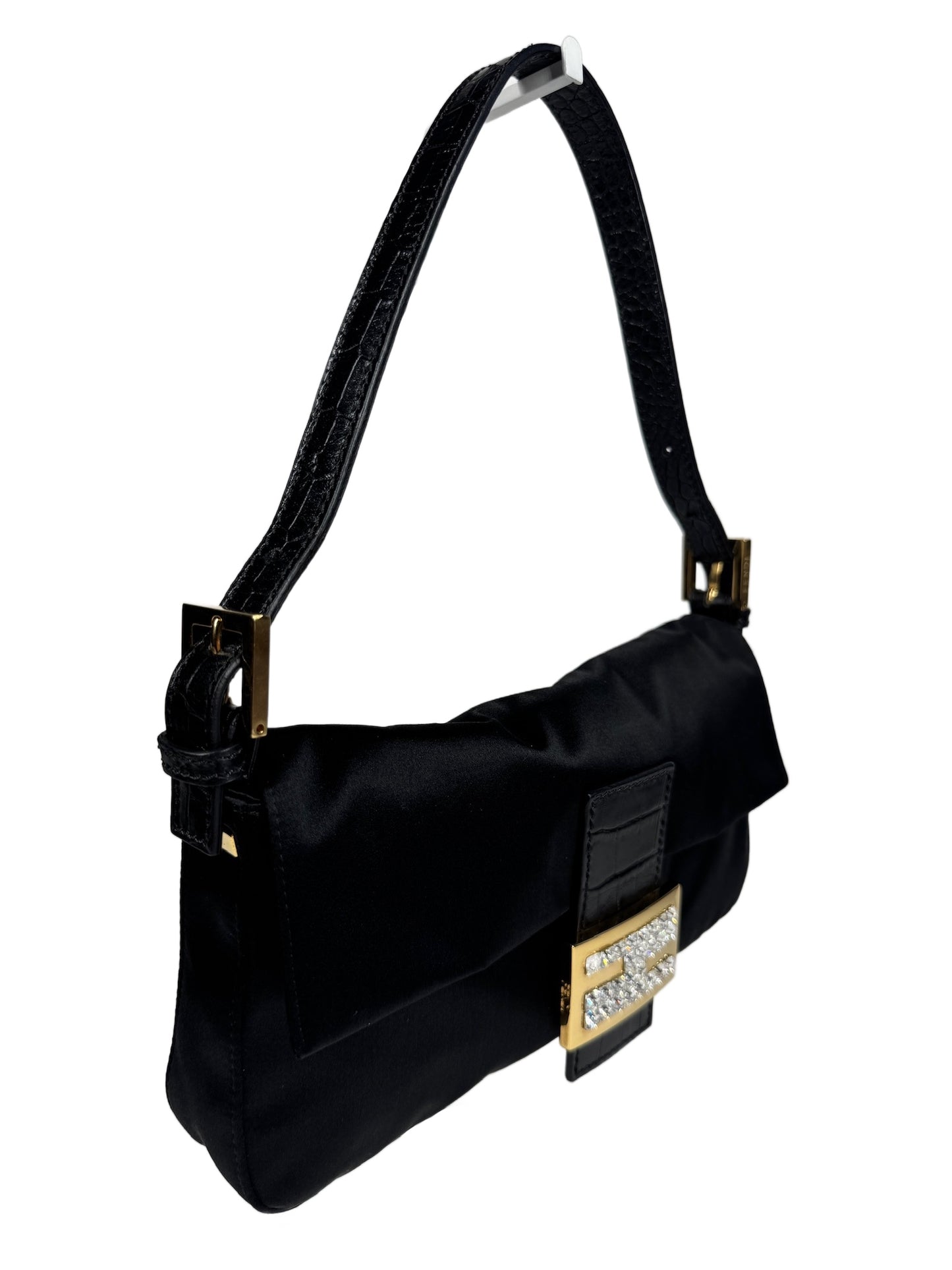 Fendi Black Satin Crystal Crocodile Trim Baguette Shoulder Bag