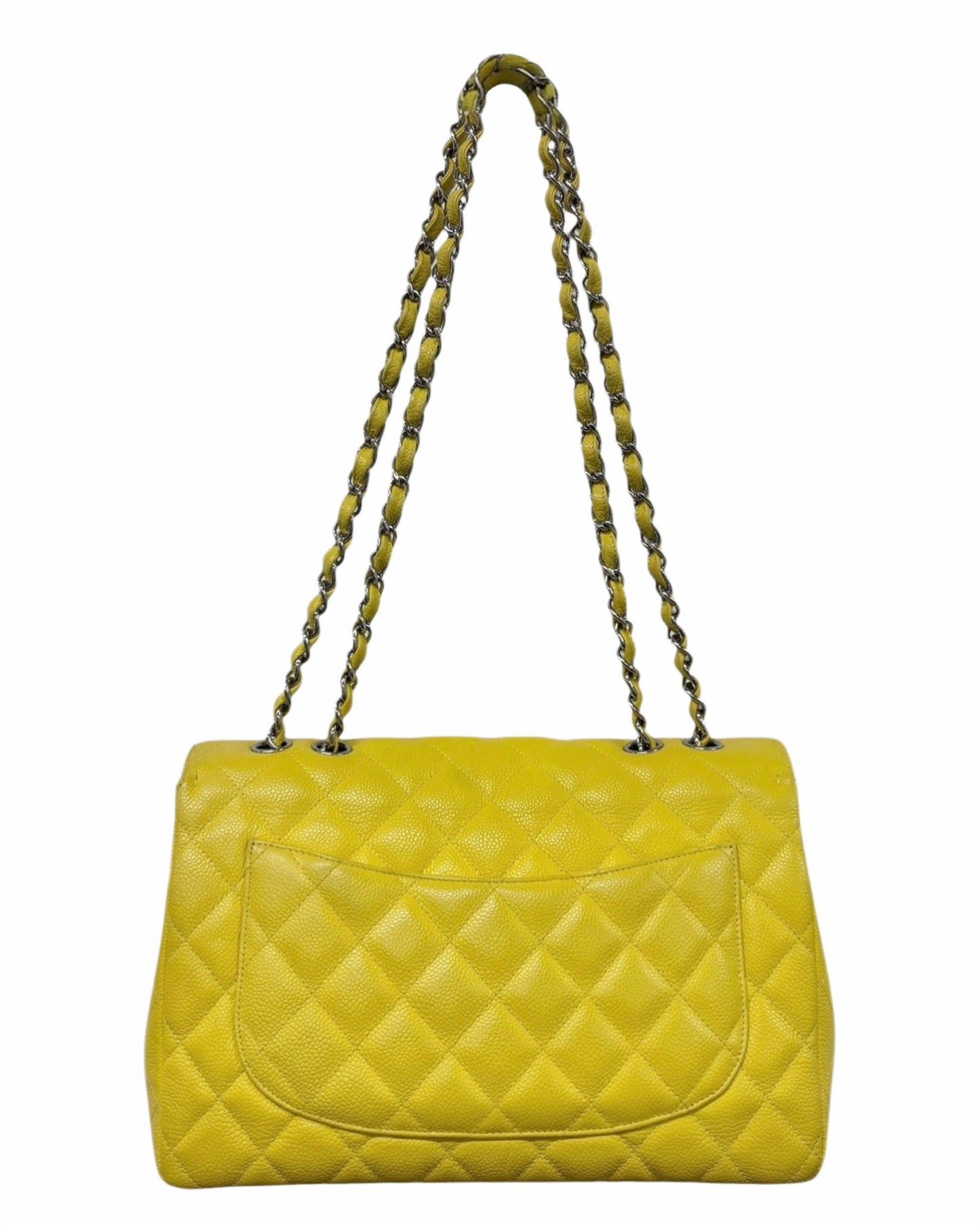 Chanel Yellow Quilted Caviar Jumbo Classic Single Flap Bag with Silver Hardware 