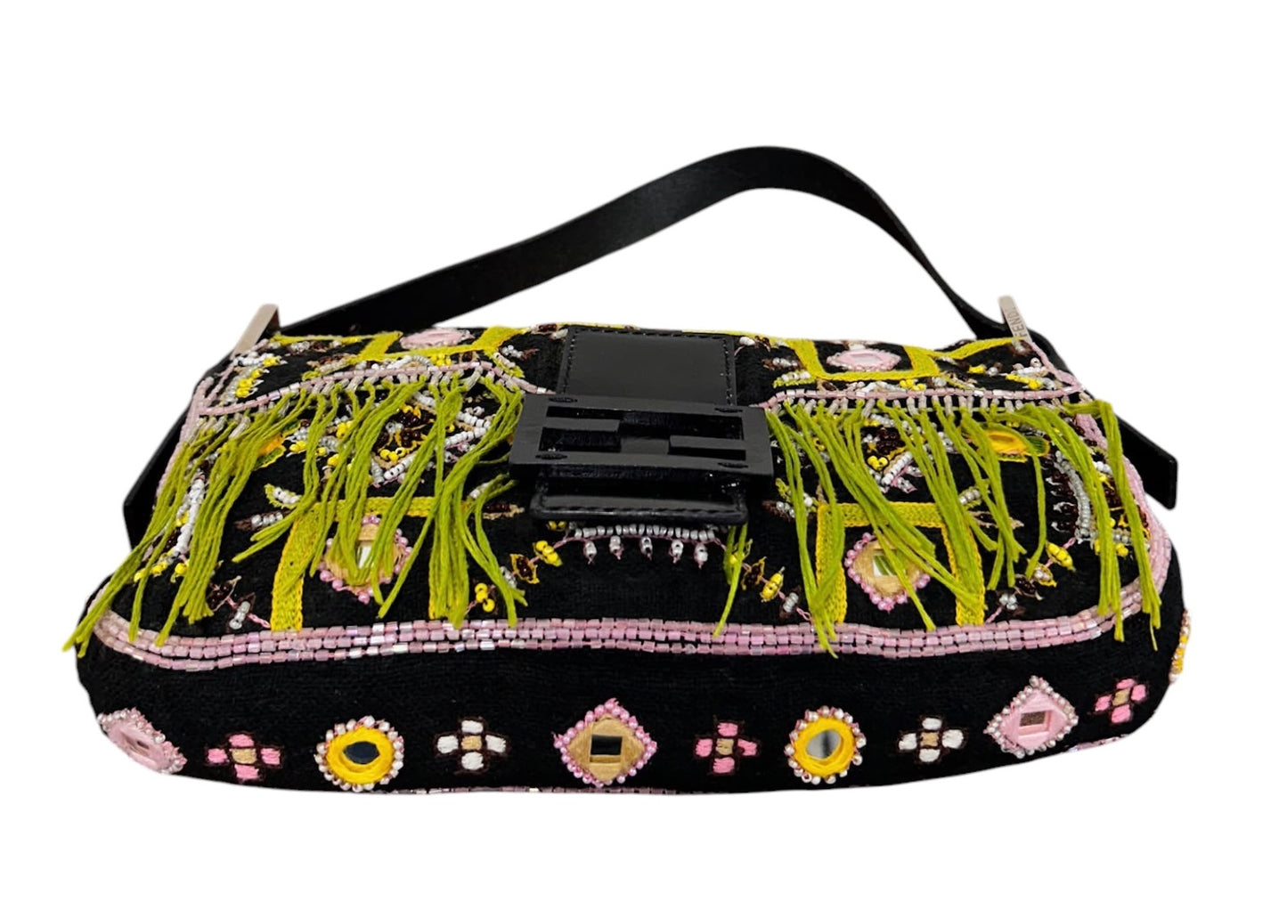 Fendi Vintage Black Knit Embroidered Pink Beaded Green Fringe Embellished Shoulder Baguette Bag