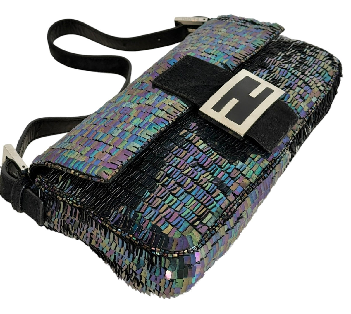 Fendi Vintage Iridescent Black Palliates Sequin Beaded Baguette with Pony Hair Trim