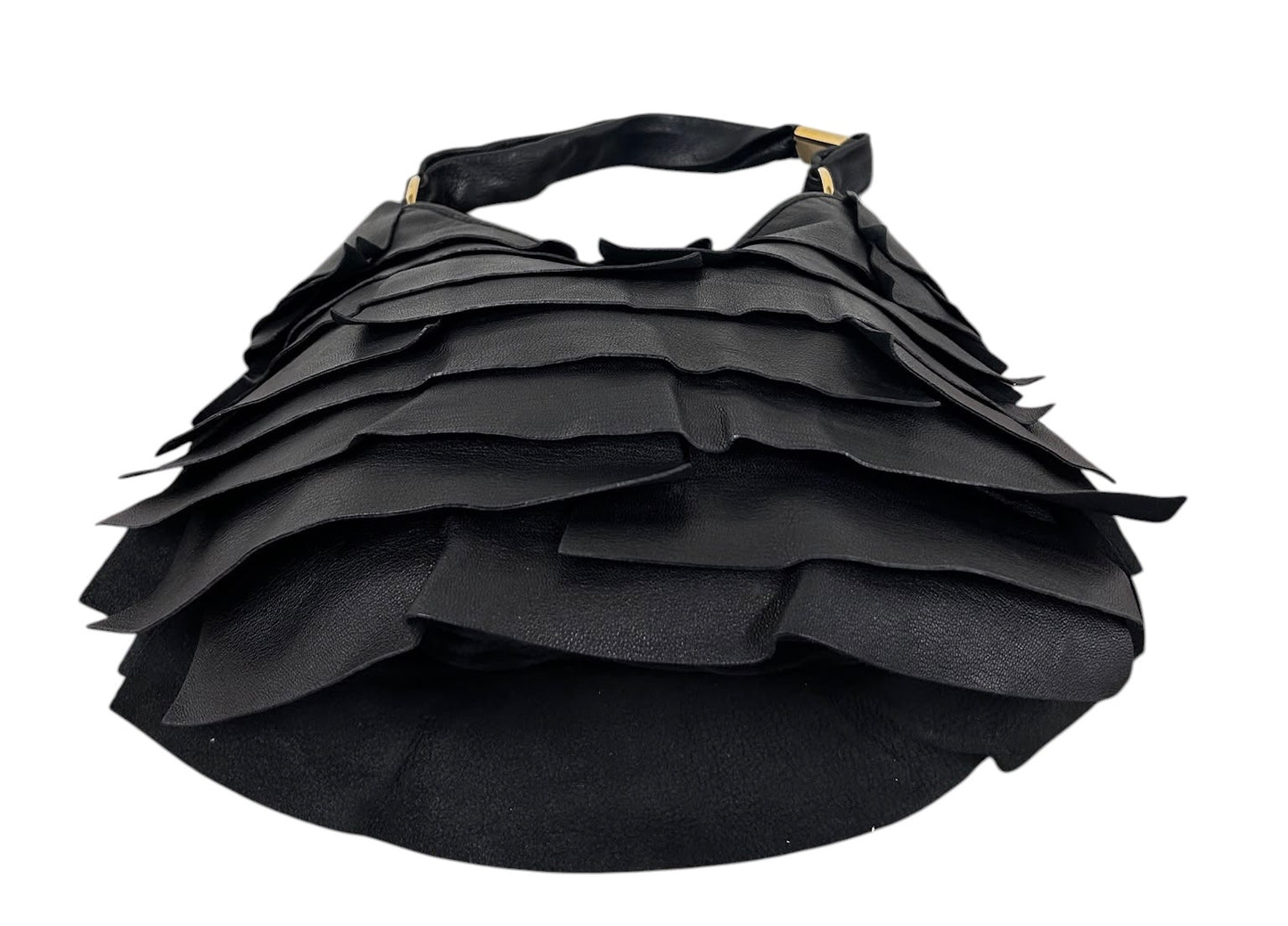Yves Saint Laurent / YSL Vintage Black Leather Rive Gauche Ruffle St Tropez Small / Medium Shoulder Hobo Bag