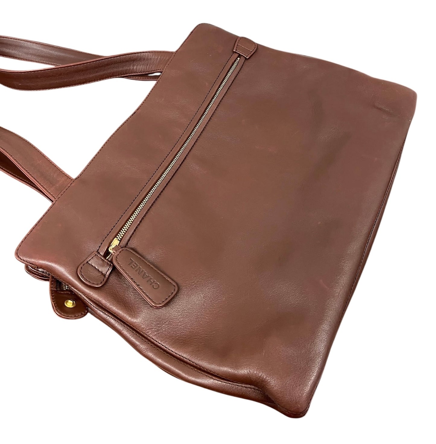 Chanel Vintage 00s Brown Lambskin CC Logo Medium Shoulder Tote Bag