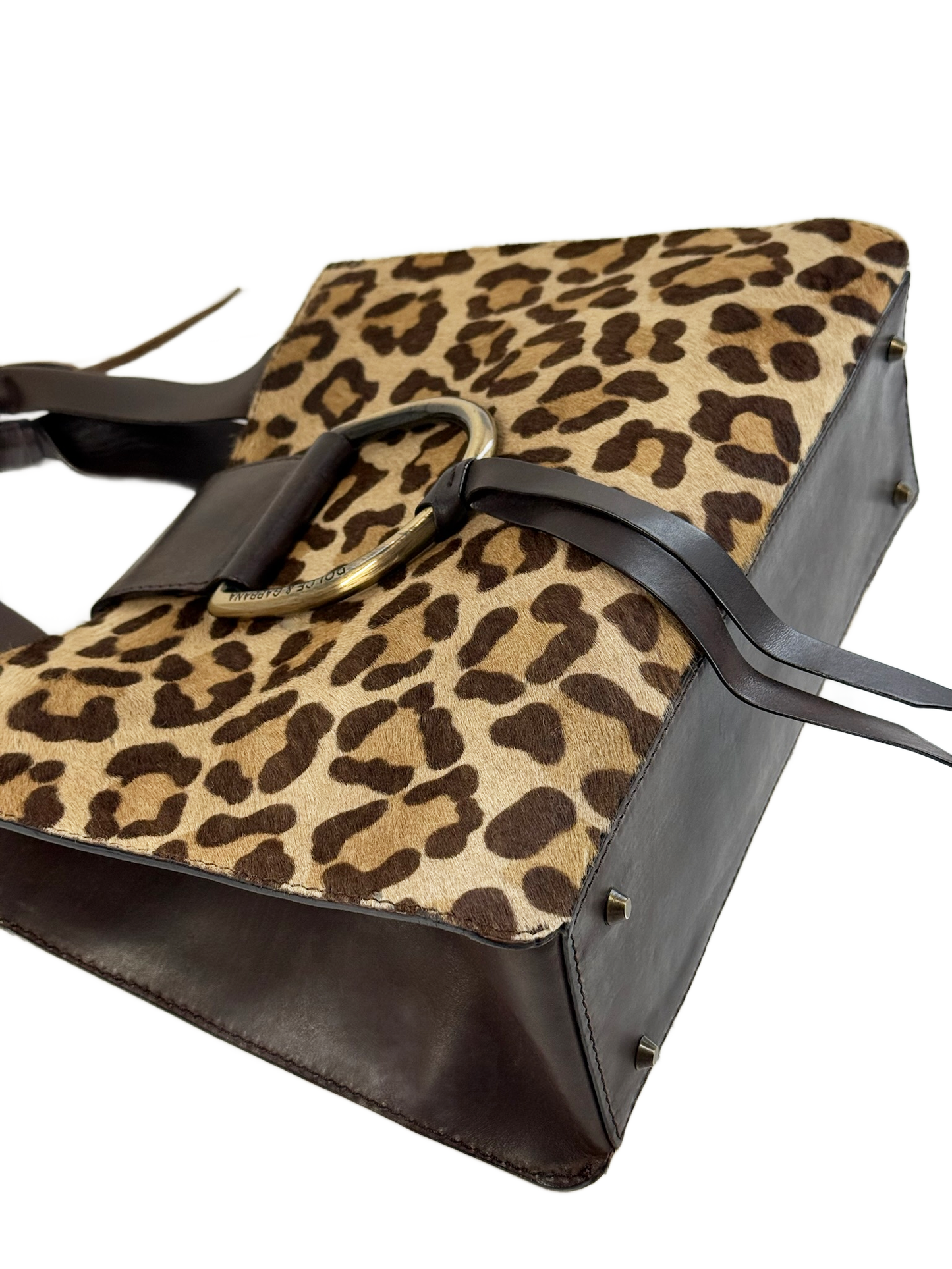 Dolce & Gabbana Leopard Print Pony Hair Brown Leather Trim Small Top Handle Bag