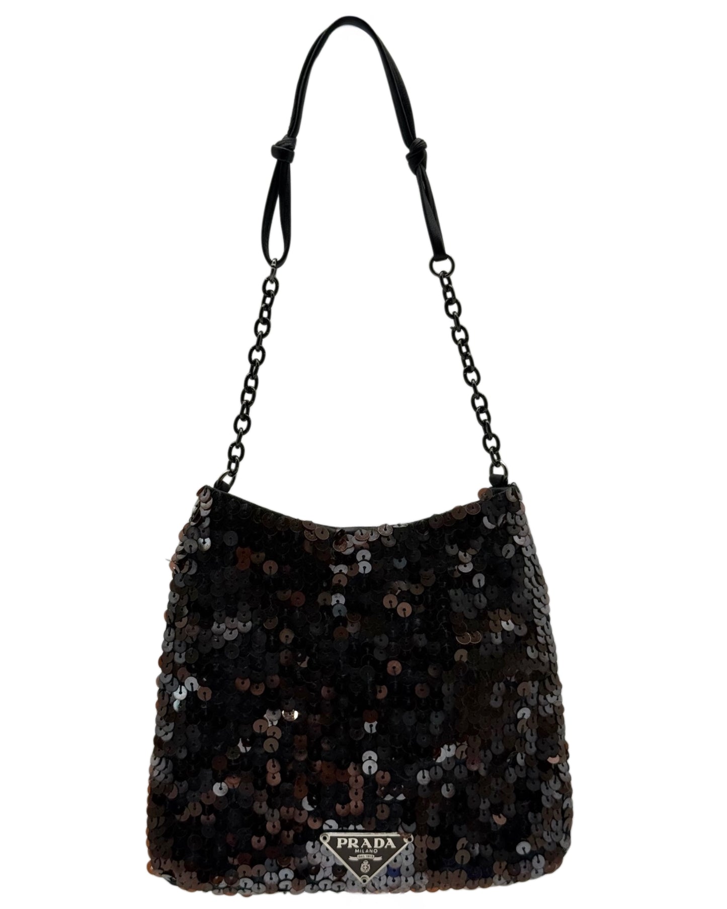 Prada Vintage Metallic Black Satin Sequin Micro Cleo Evening Mini Bag