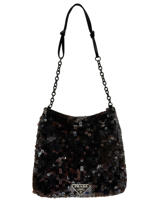 Prada Vintage Metallic Black Satin Sequin Micro Cleo Evening Mini Bag