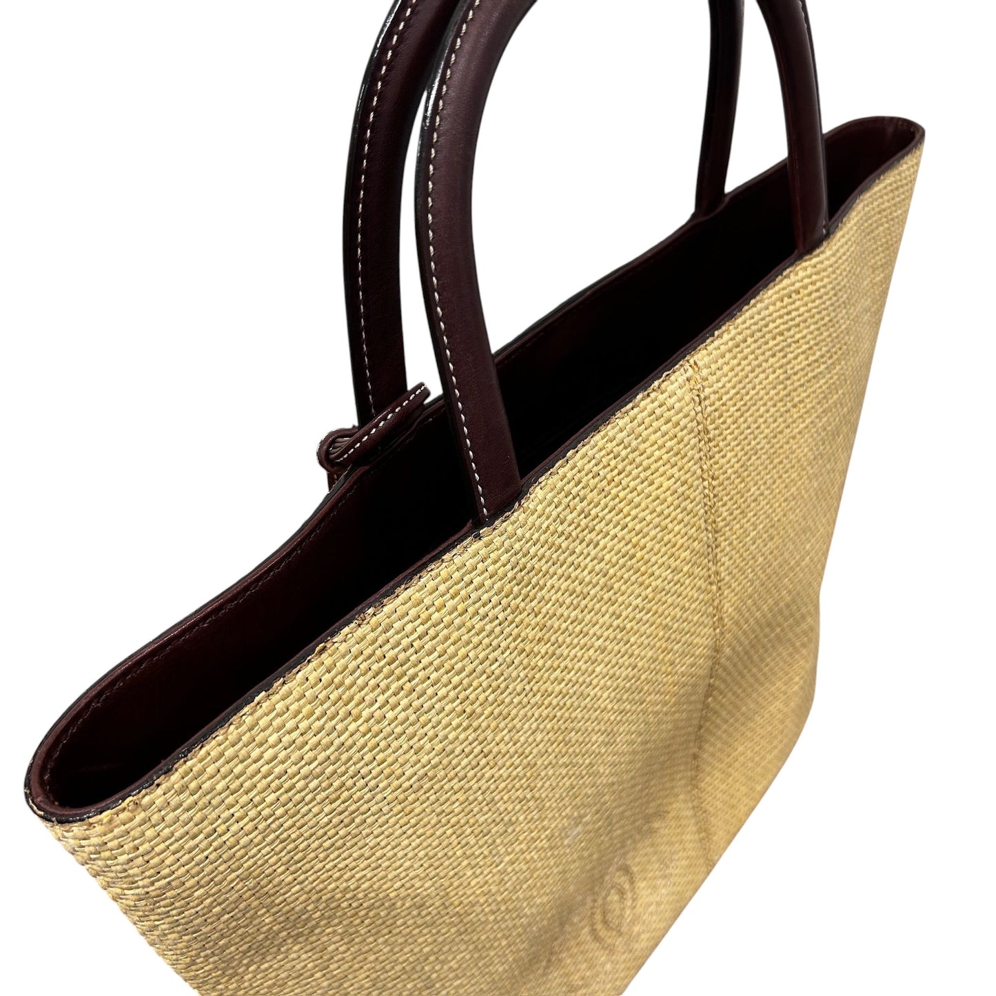 Chanel Vintage 90s Beige Raffia Brown Lambskin Top Handle Tote Bag 