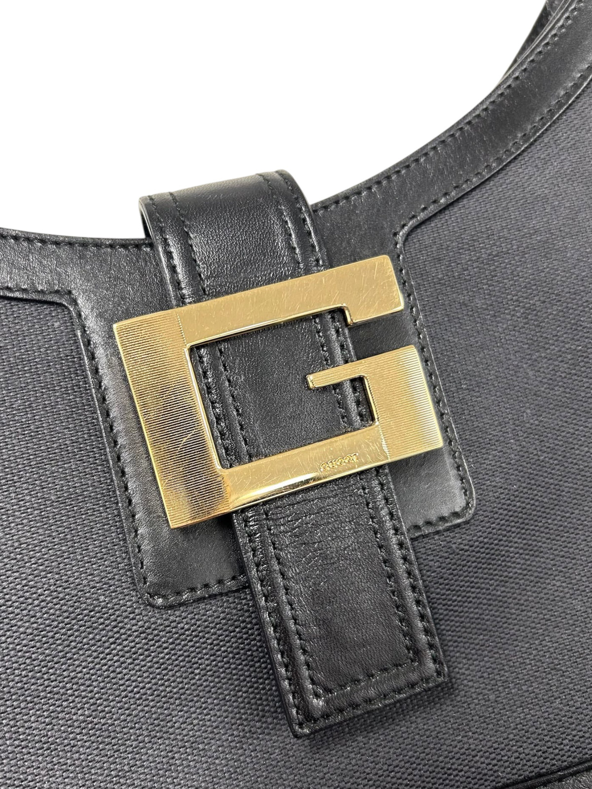 Gucci Vintage Black Canvas Leather Trim G Logo Buckle Shoulder Bag