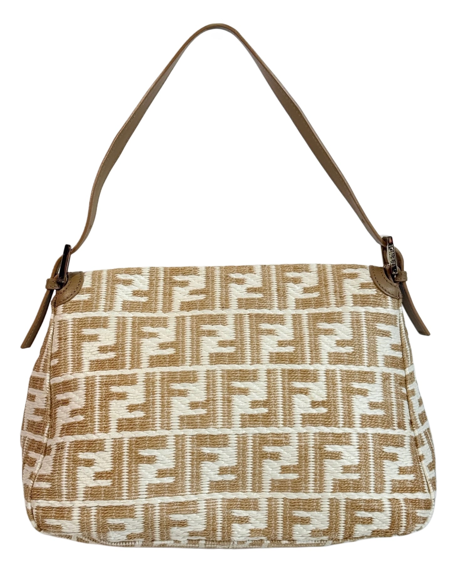 Fendi Vintage Beige & White Raffia Zucca Monogram Mamma Baguette Shoulder Bag