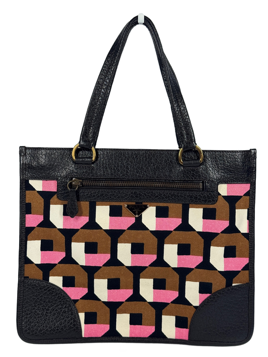 Prada Vintage Pink Brown Geometric Patterned Canvas Shoulder Tote Bag