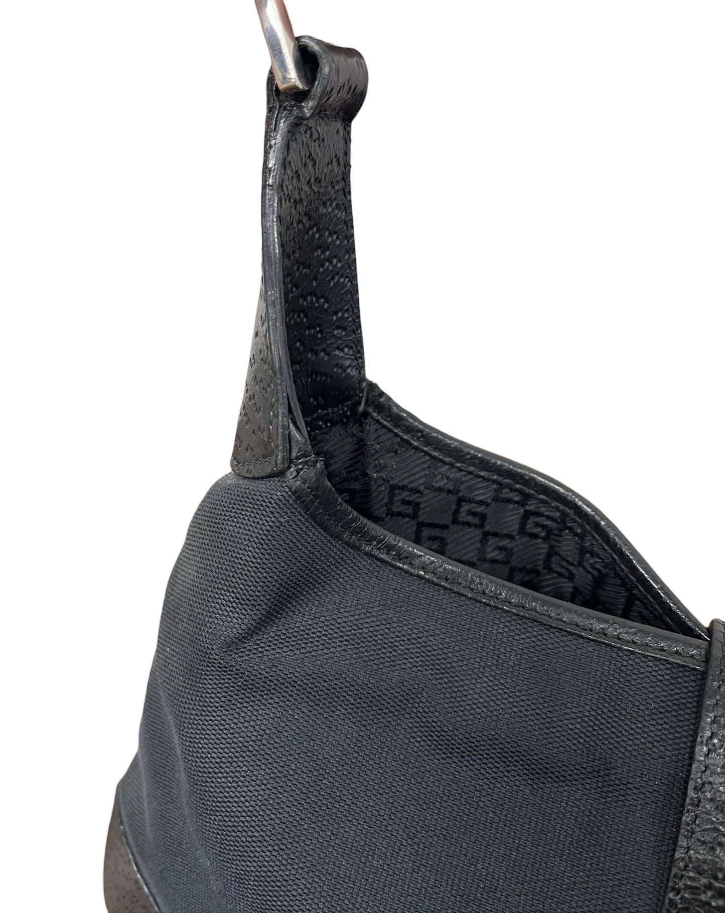 Gucci Vintage Black Canvas Leather Trim Bamboo Handle Small Jackie Shoulder Bag