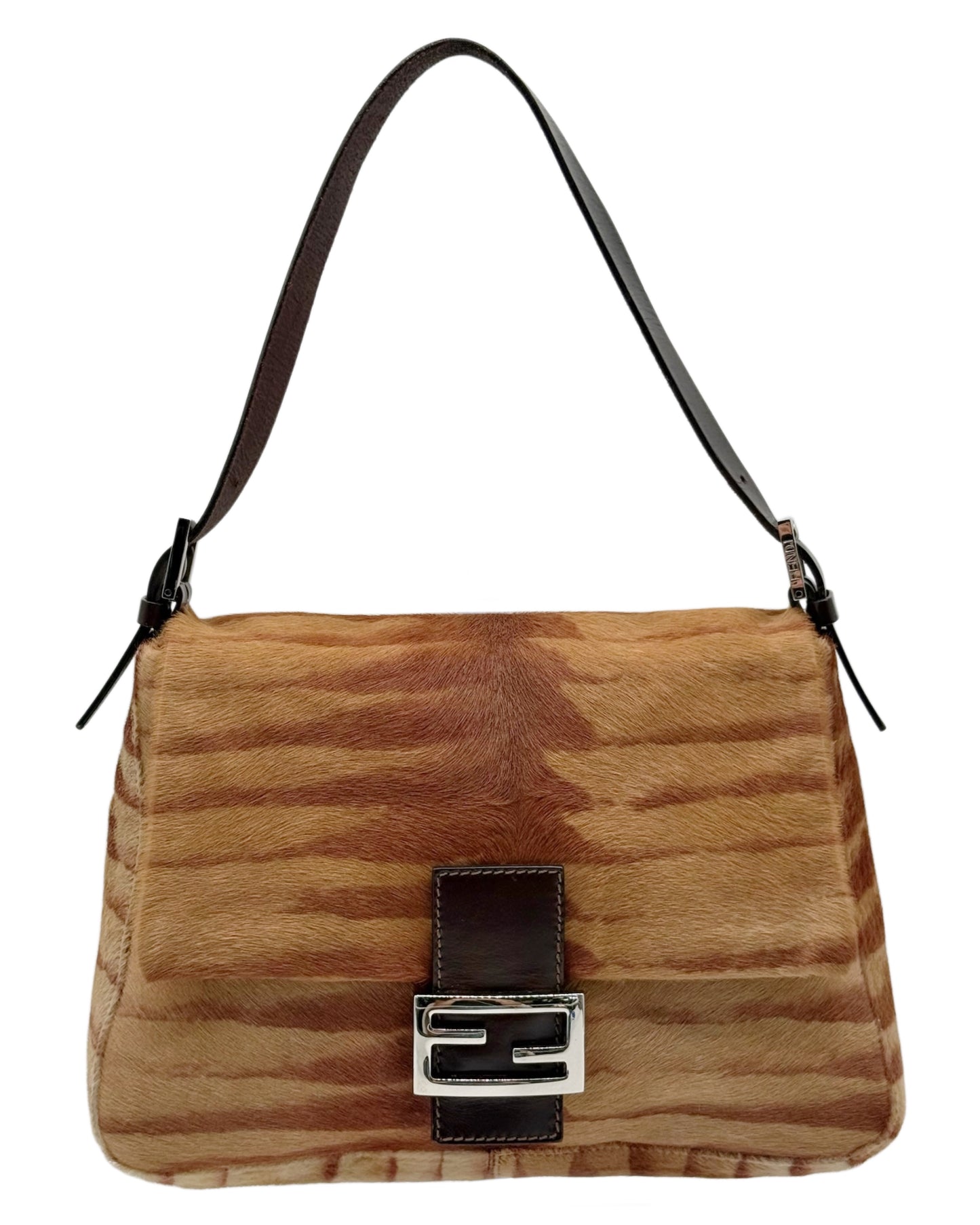 Fendi Vintage Brown Giraffe Animal Print Pony Hair Mamma Baguette Shoulder Bag