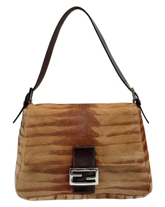 Fendi Vintage Brown Giraffe Animal Print Pony Hair Mamma Baguette Shoulder Bag