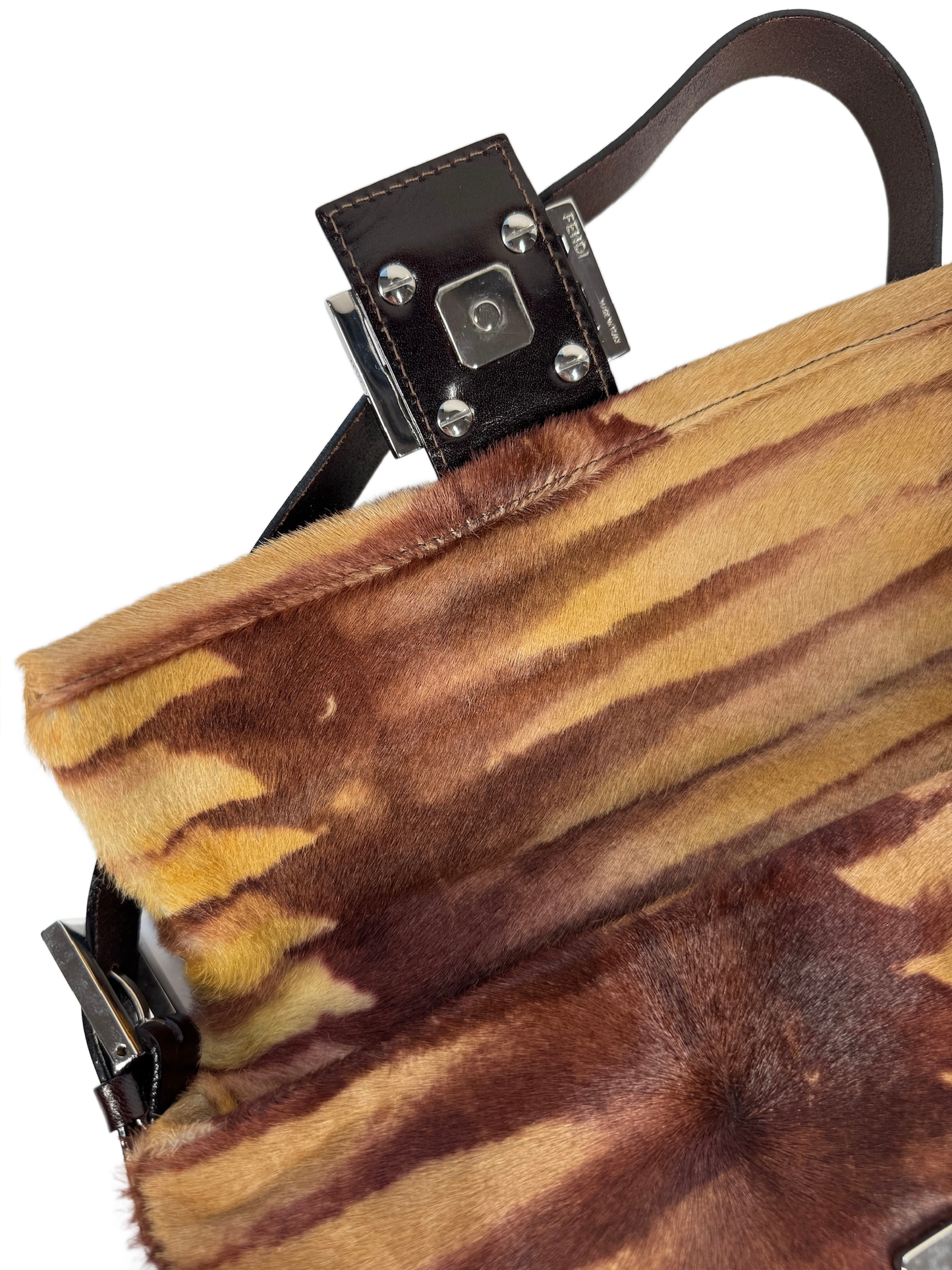 Fendi Vintage Brown Giraffe Print Pony Hair Shoulder Baguette Bag