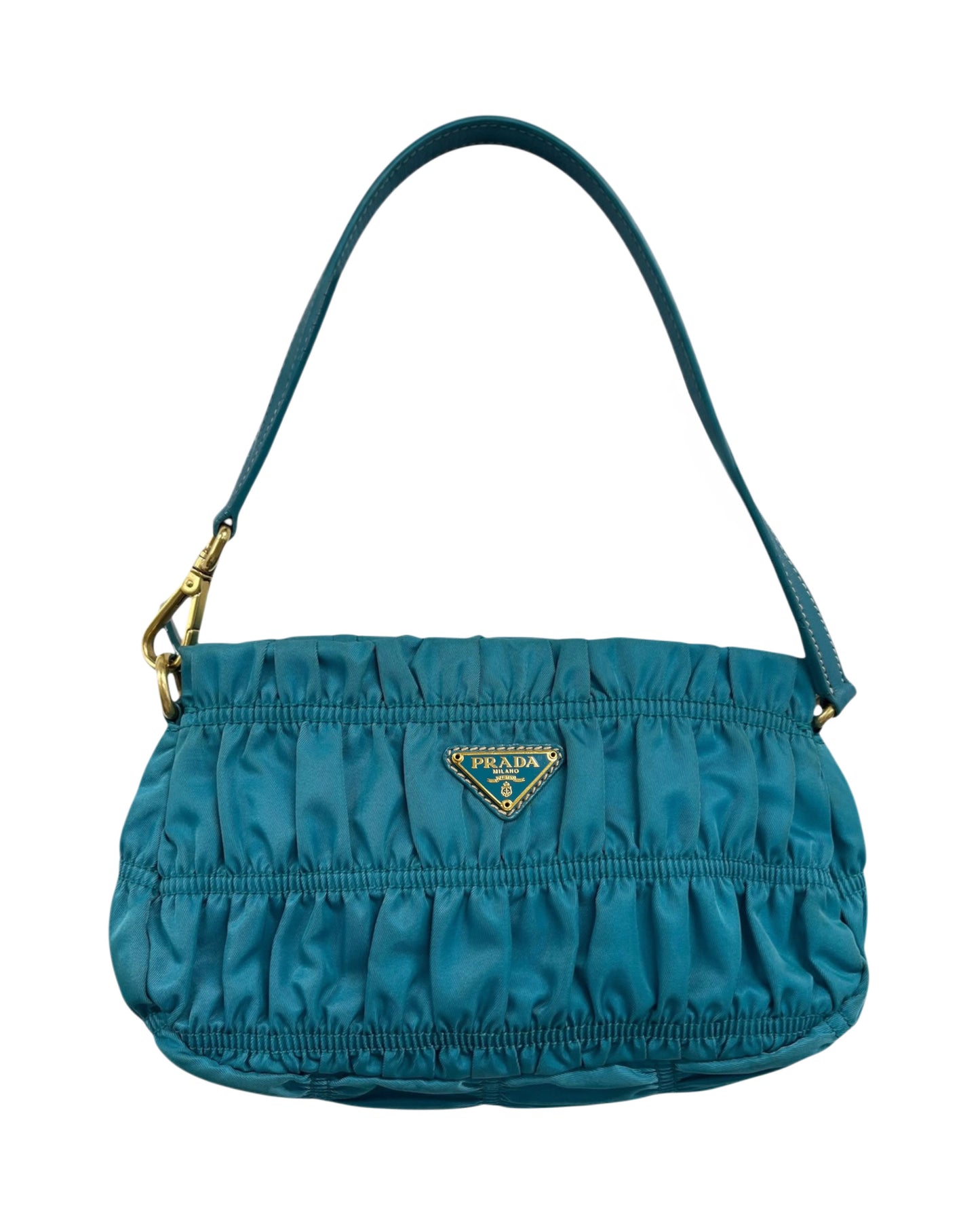 Prada Vintage Turquoise Blue Tessuto Nylon Pleated Ruffle Gaufre Small Pochette Shoulder Bag