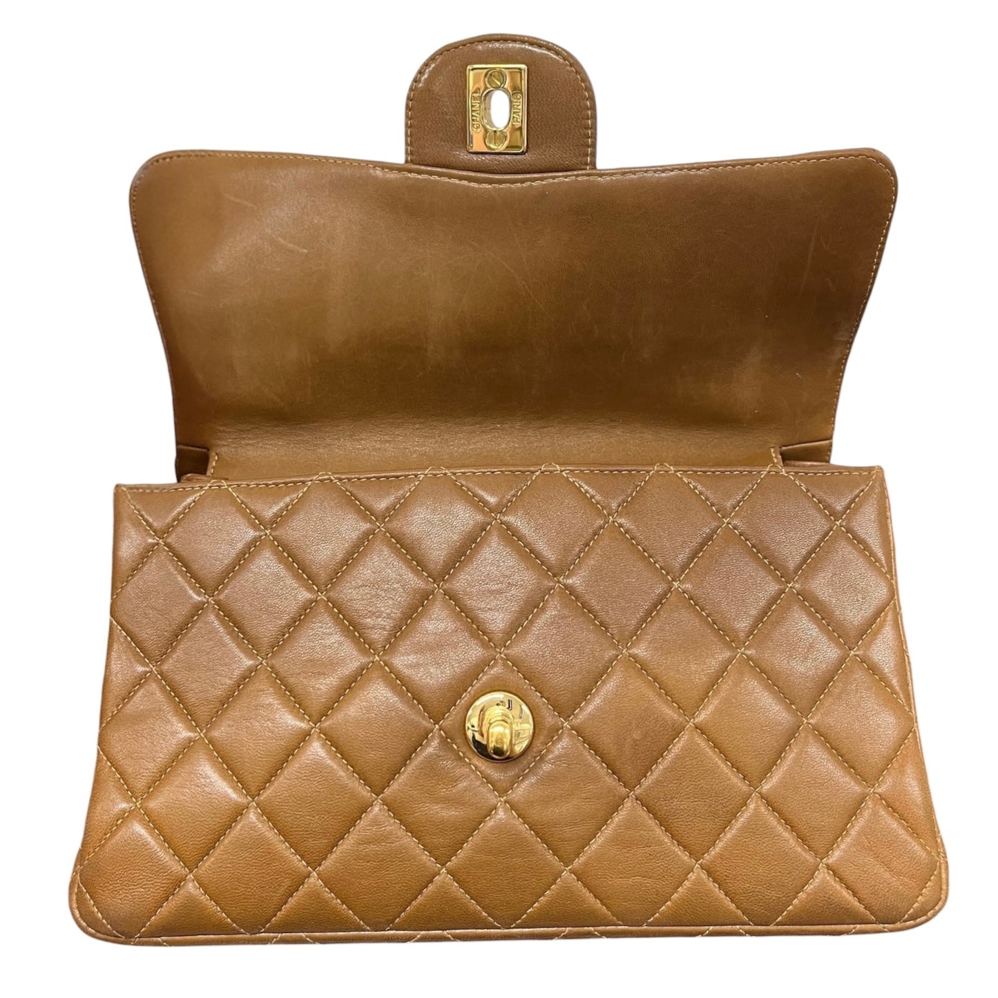 Chanel Vintage 90s Light Brown Quilted Lambskin Small Two-Faced Double Sided Classic Flap Bag with 24K Gold Plated Hardware 