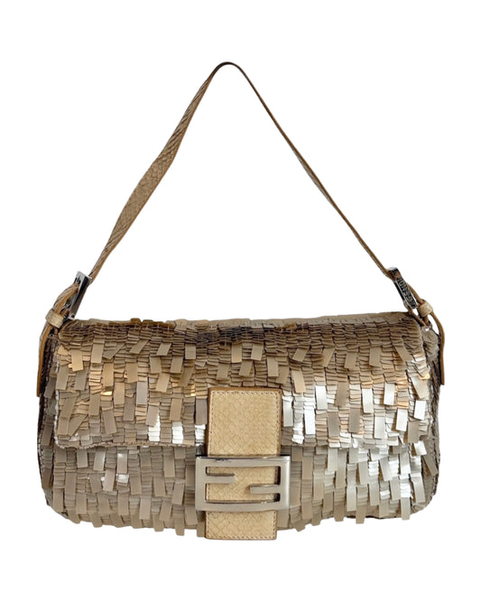 Fendi Vintage Champagne Gold Palliates Sequin Beaded Shoulder Baguette Bag with Python Trim