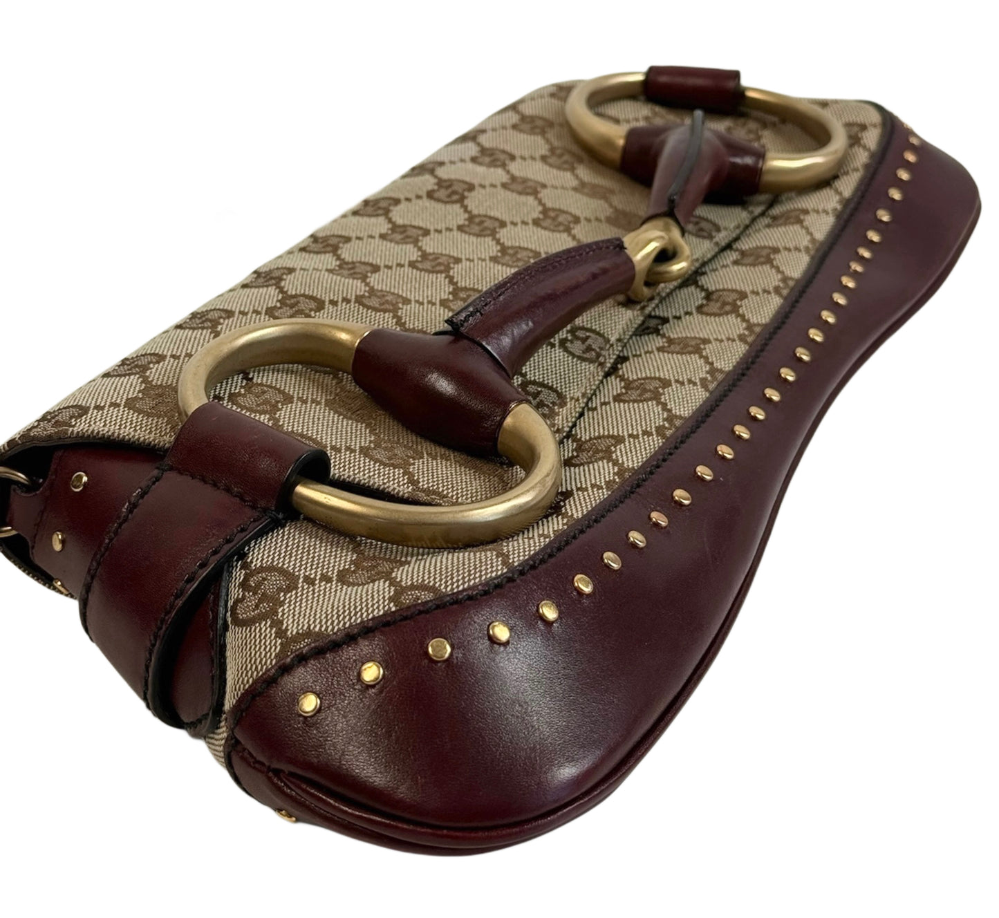 Gucci Vintage Brown GG Monogram Burgundy Studded Leather Trim Horsebit Large Chain Shoulder Clutch Bag