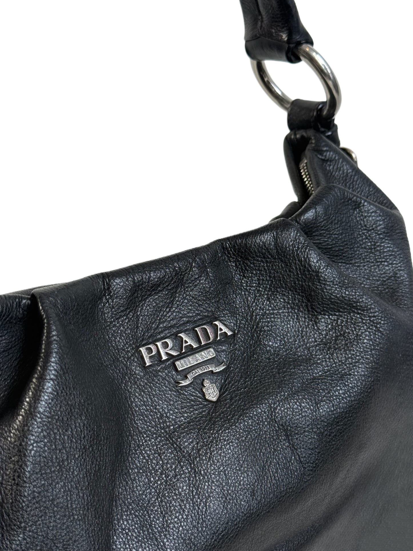 Prada Vintage Black Pebbled Leather Small Shoulder Hobo Bag