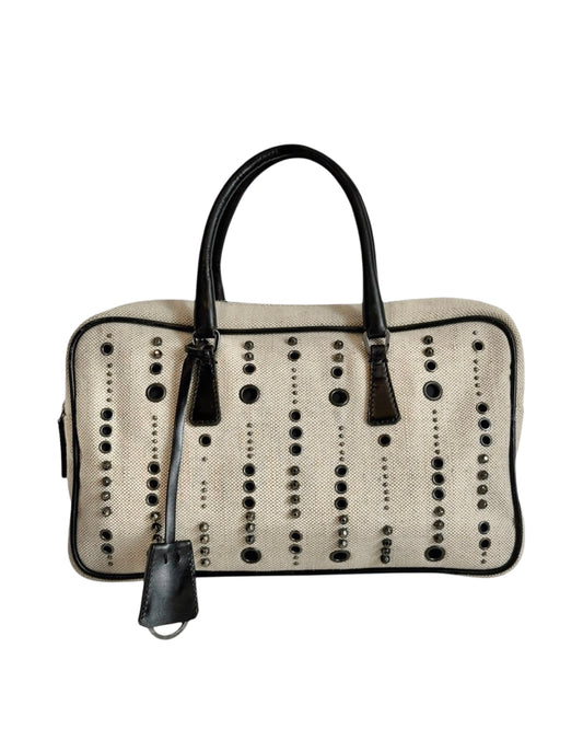 Prada Vintage Gray Canvas Scamosciato Grommet Top Handle Bag with Black Leather Trim