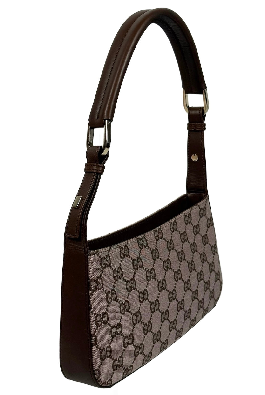 Gucci Vintage Light Brown Satin GG Monogram Leather Trim Shoulder Pochette Bag