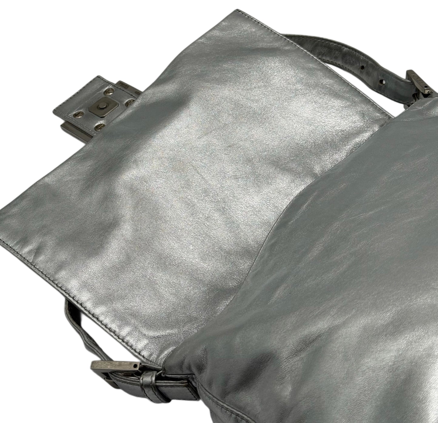 Fendi Vintage Metallic Silver Lambskin Leather Crystal Logo Mamma Shoulder Baguette Bag