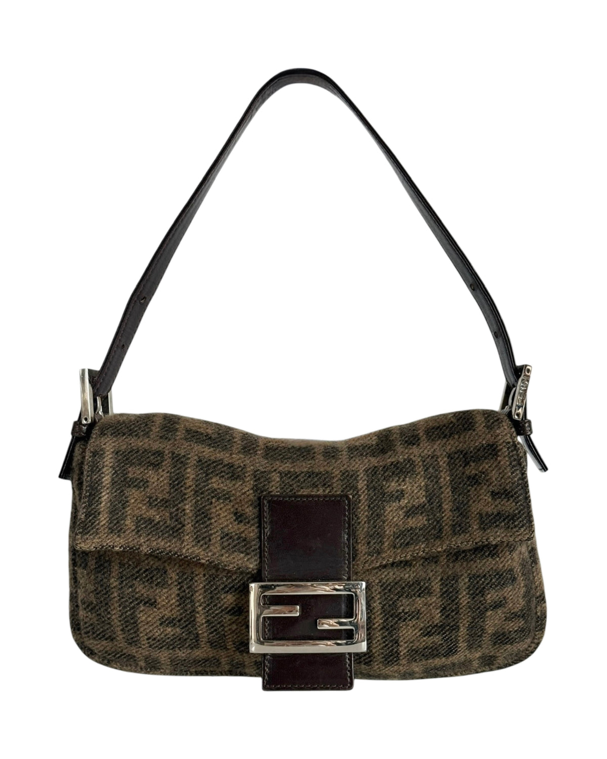 Fendi Vintage Brown Zucca Monogram Knit Wool Shoulder Baguette Bag