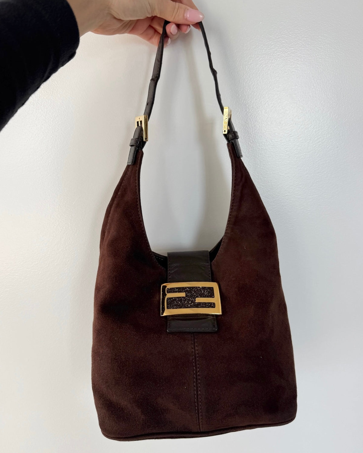 Fendi Vintage Brown Suede Hobo Bucket Shoulder Baguette Bag with Purple Glitter Logo