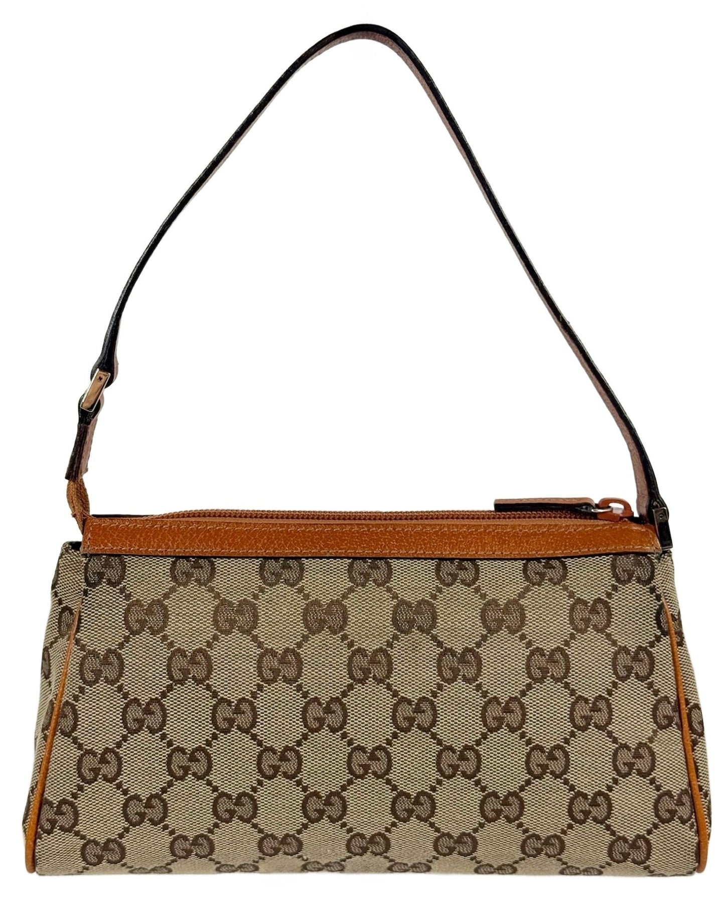 Gucci Vintage Brown GG Monogram Orange Leather Trim Abbey Pochette