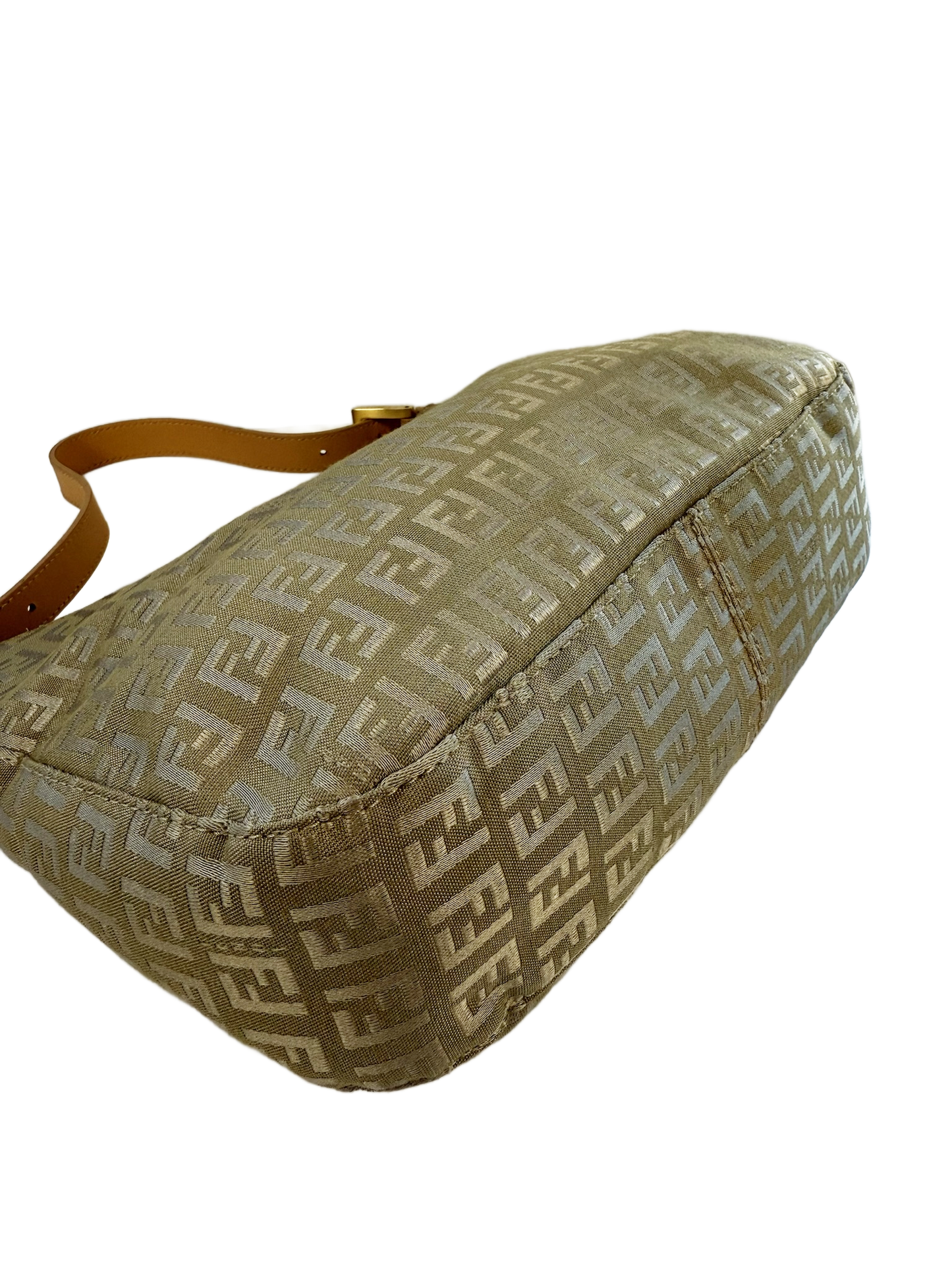 Fendi Vintage Beige Gold Zucca Monogram Hobo Shoulder Baguette Bag
