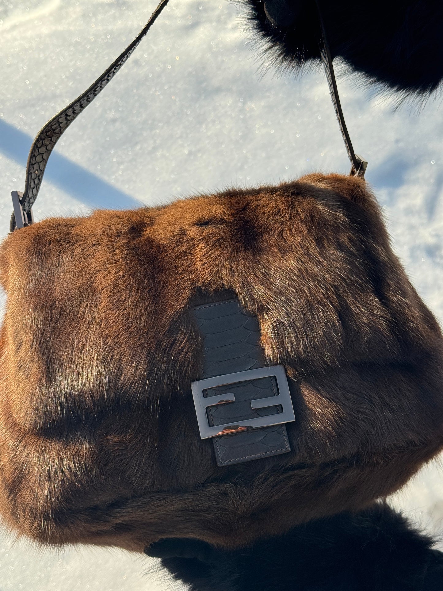Fendi Vintage Brown Rabbit Fur Python Trim Mamma Baguette Shoulder Bag