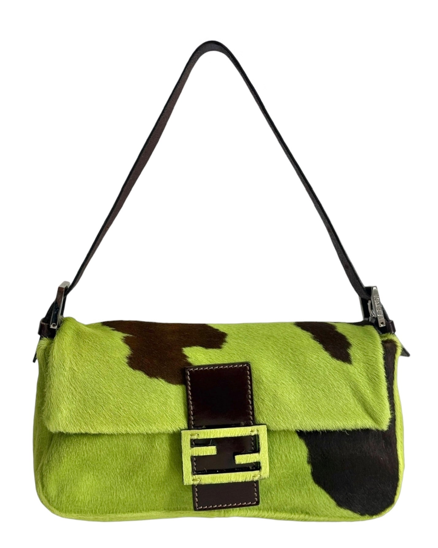 Fendi Vintage Green Cow Print Pony Hair Shoulder Baguette Bag