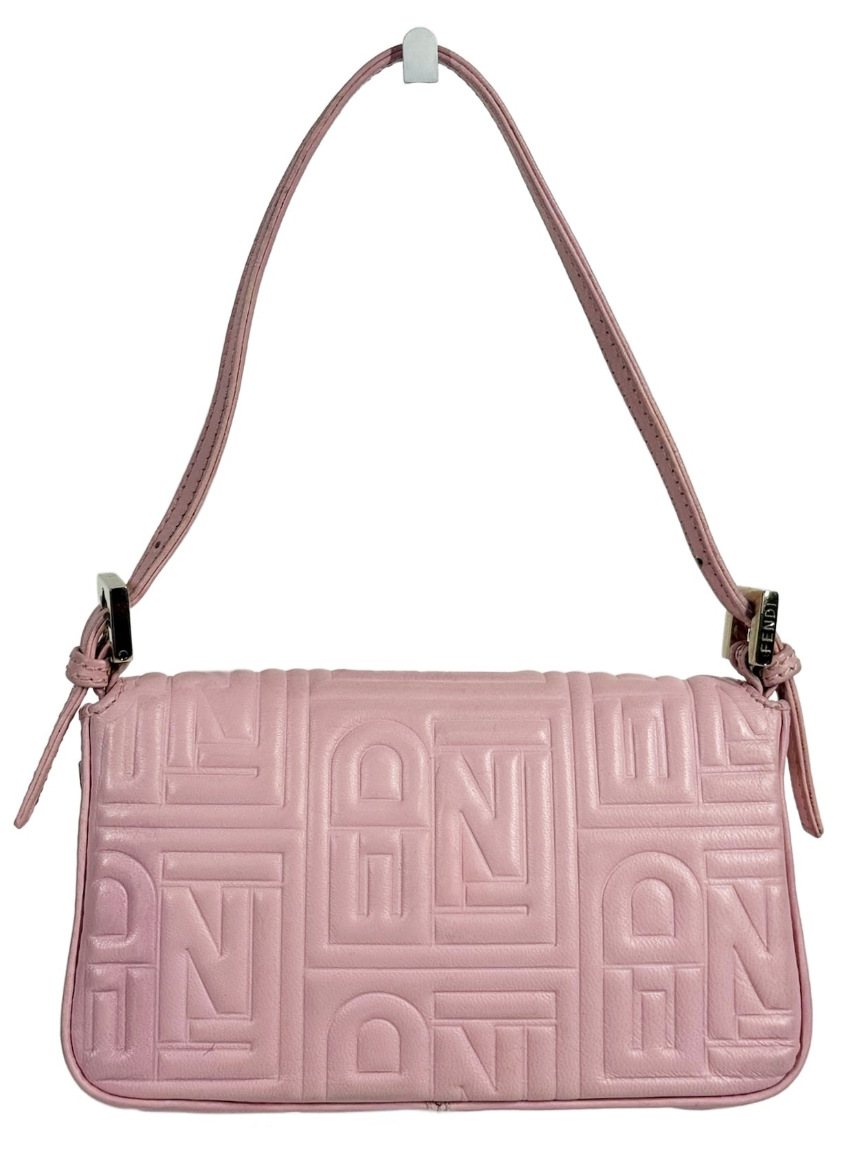 Fendi Pink Nappa Embossed Monogram Logo Leather Mini Baguette Bag