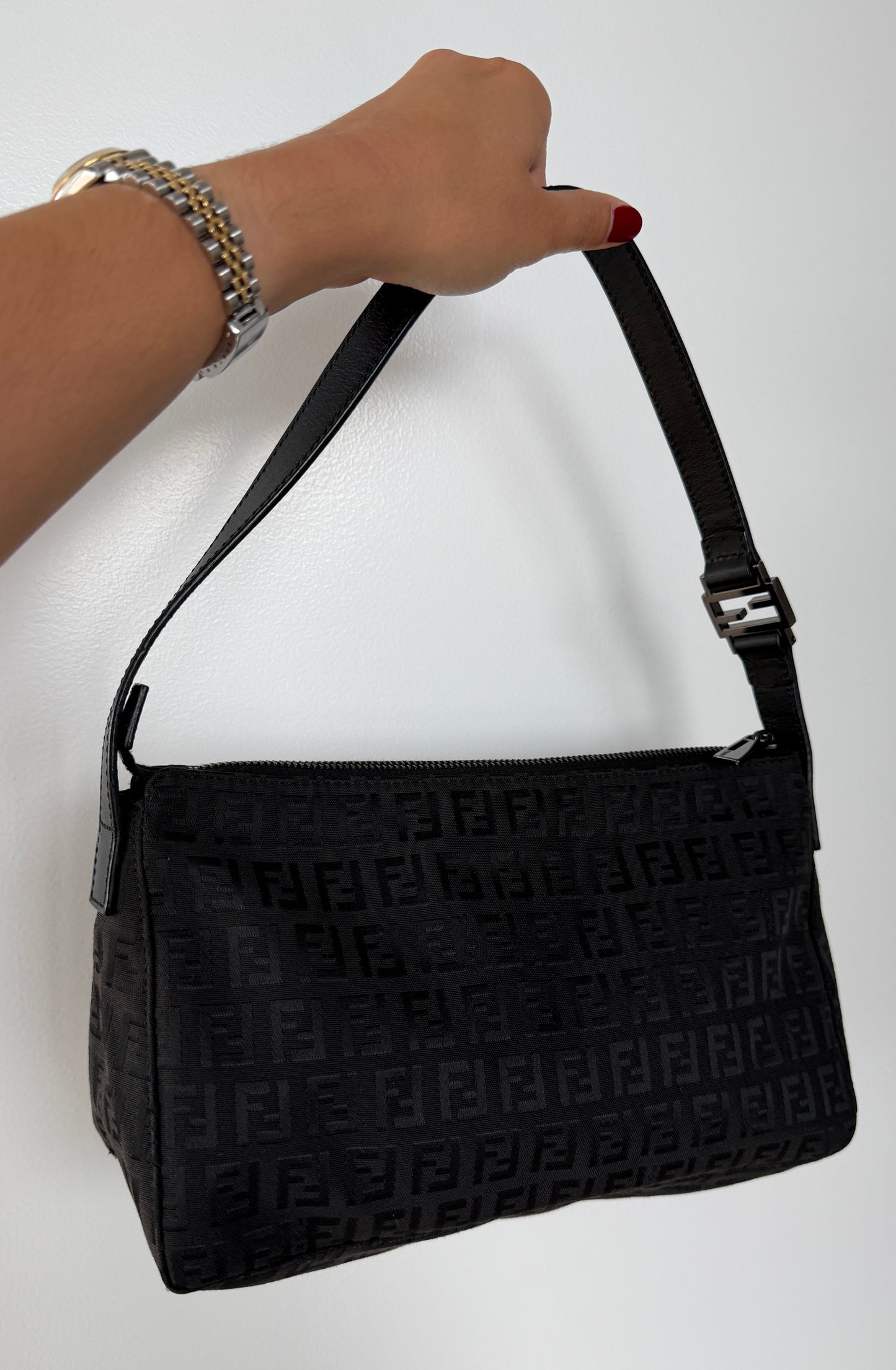 Fendi Vintage Black Zucca Zucchino Monogram Medium Shoulder Pochette Bag