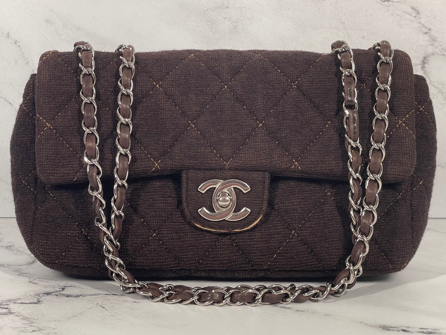 Chanel Vintage Brown Jersey Tweed Knit Fabric Quilted Medium Single Flap Bag