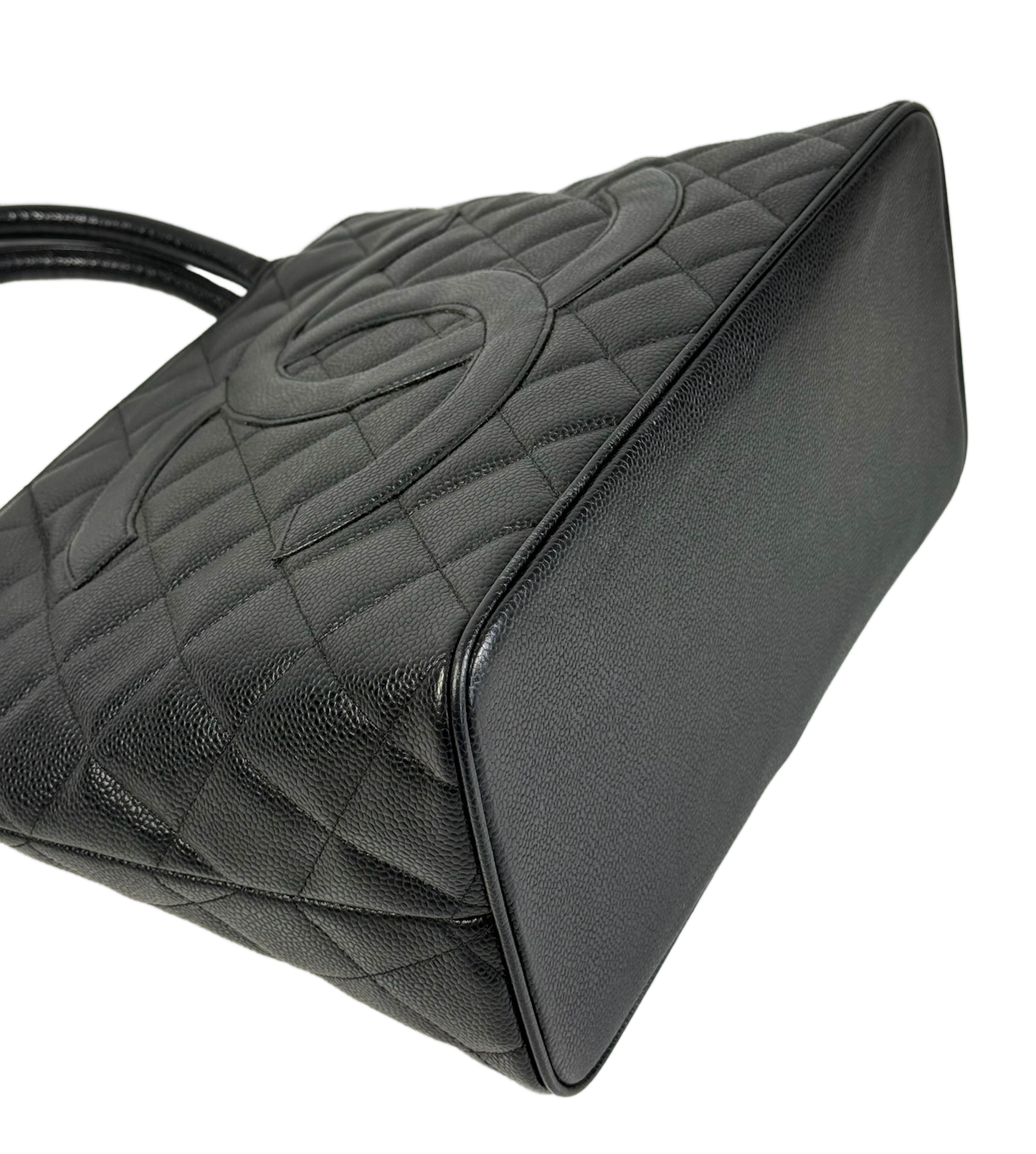 Chanel Vintage Black Caviar Leather Medallion CC Shoulder Tote Bag