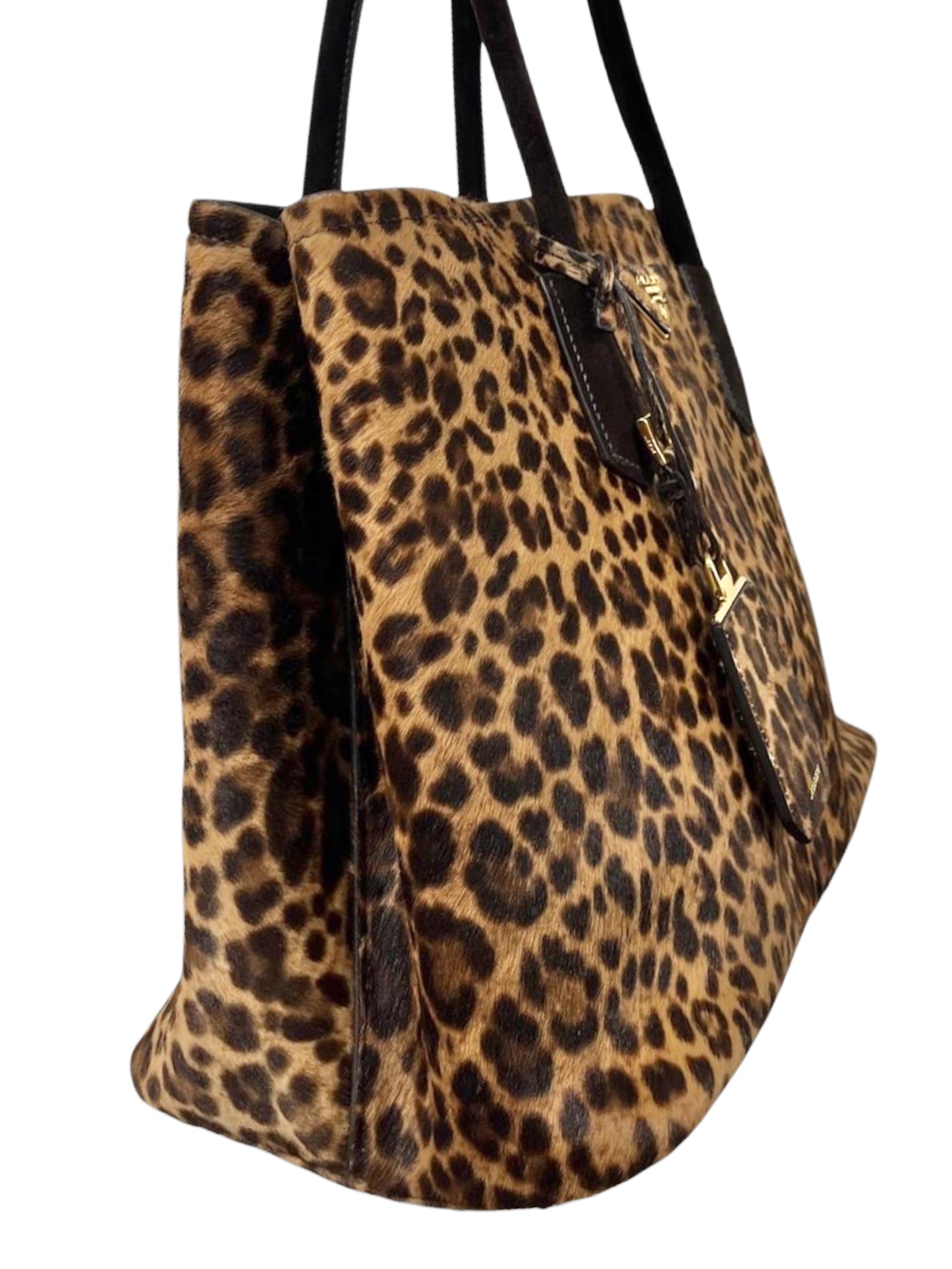 Prada Vintage Brown Suede & Leopard Print Pony Hair Large Two-Way Shoulder Tote Bag