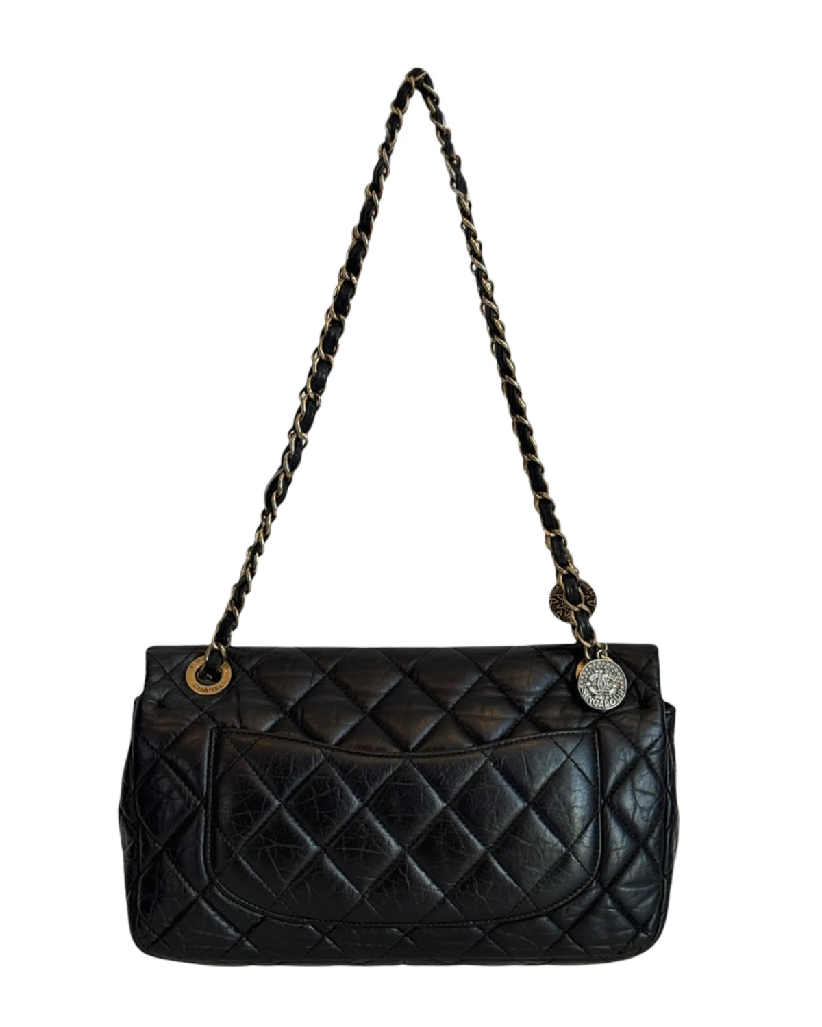 Chanel 2015 Paris-Dubai Black Crinkled Calfskin Medallions Medium Single Flap Bag with AGHW