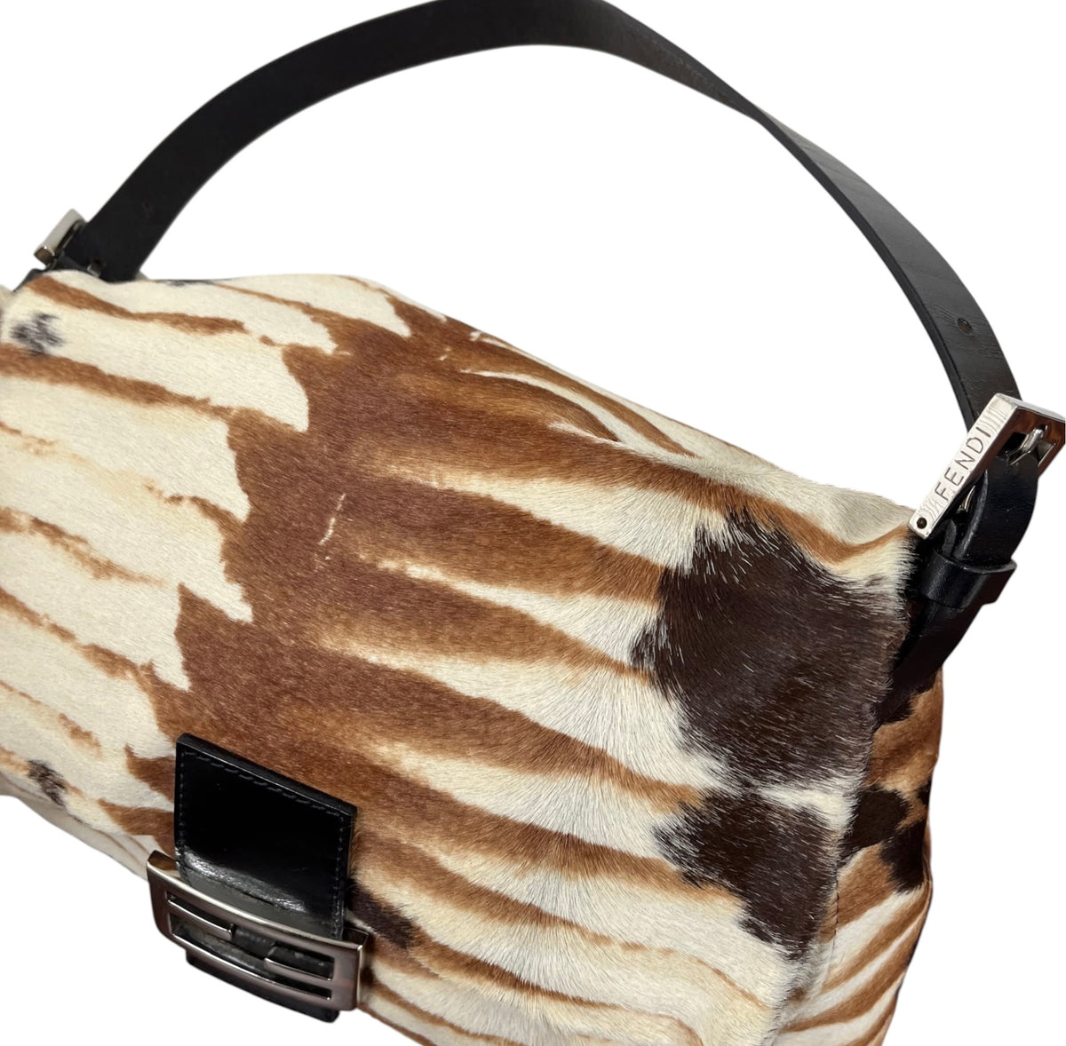Fendi Vintage Ivory & Brown Animal Print Pony Hair Mamma Shoulder Baguette Bag