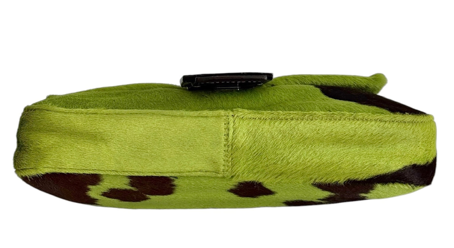 Fendi Vintage Green Cow Print Pony Hair Shoulder Baguette Bag