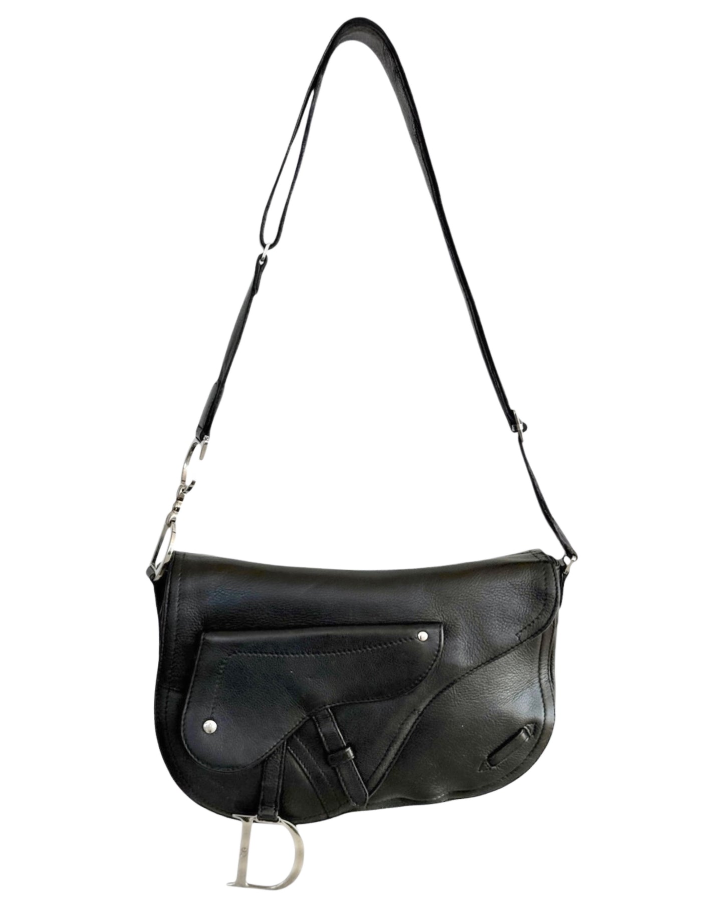 Dior Vintage 2002 Black Leather Messenger Adjustable Shoulder Crossbody Saddle Bag
