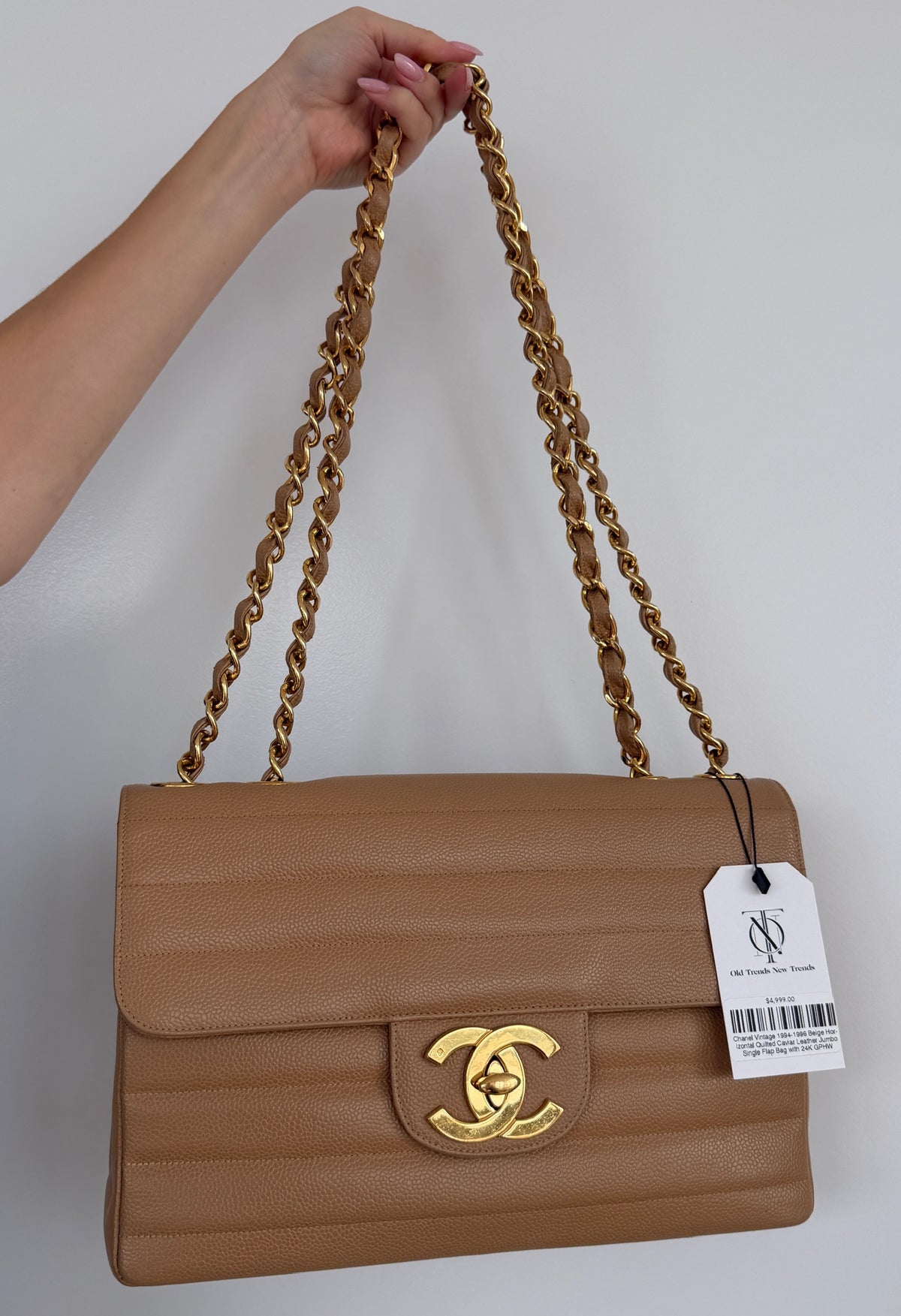 Chanel Vintage 1994-1996 Beige Horizontal Quilted Caviar Leather Jumbo Single Flap Bag with 24K GPHW