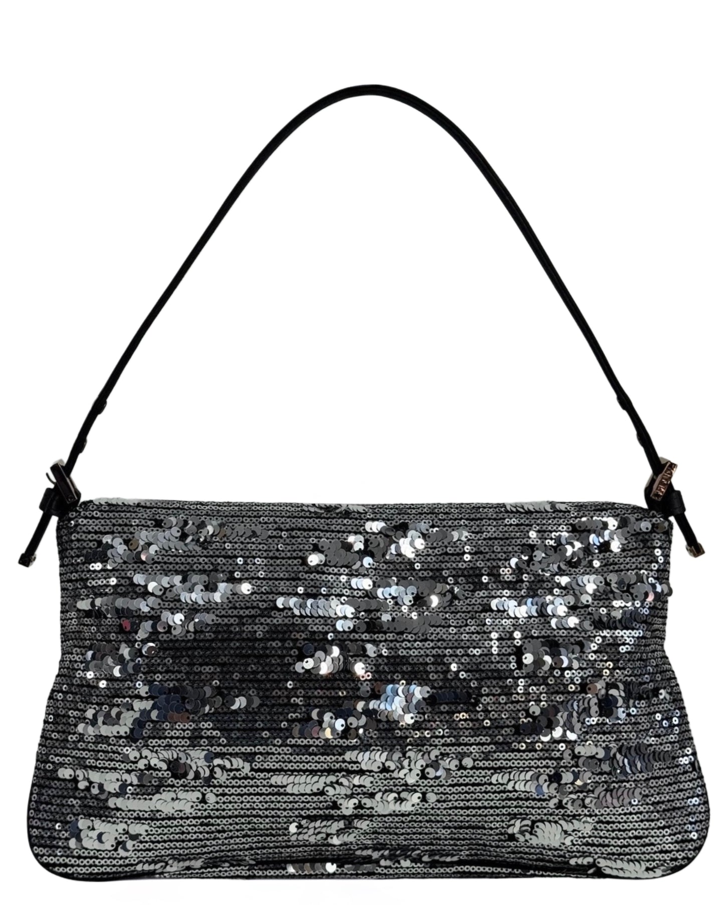 Fendi Vintage Silver Sequin Black Satin Trim Double Flap Baguette w Rose Gold Hardware