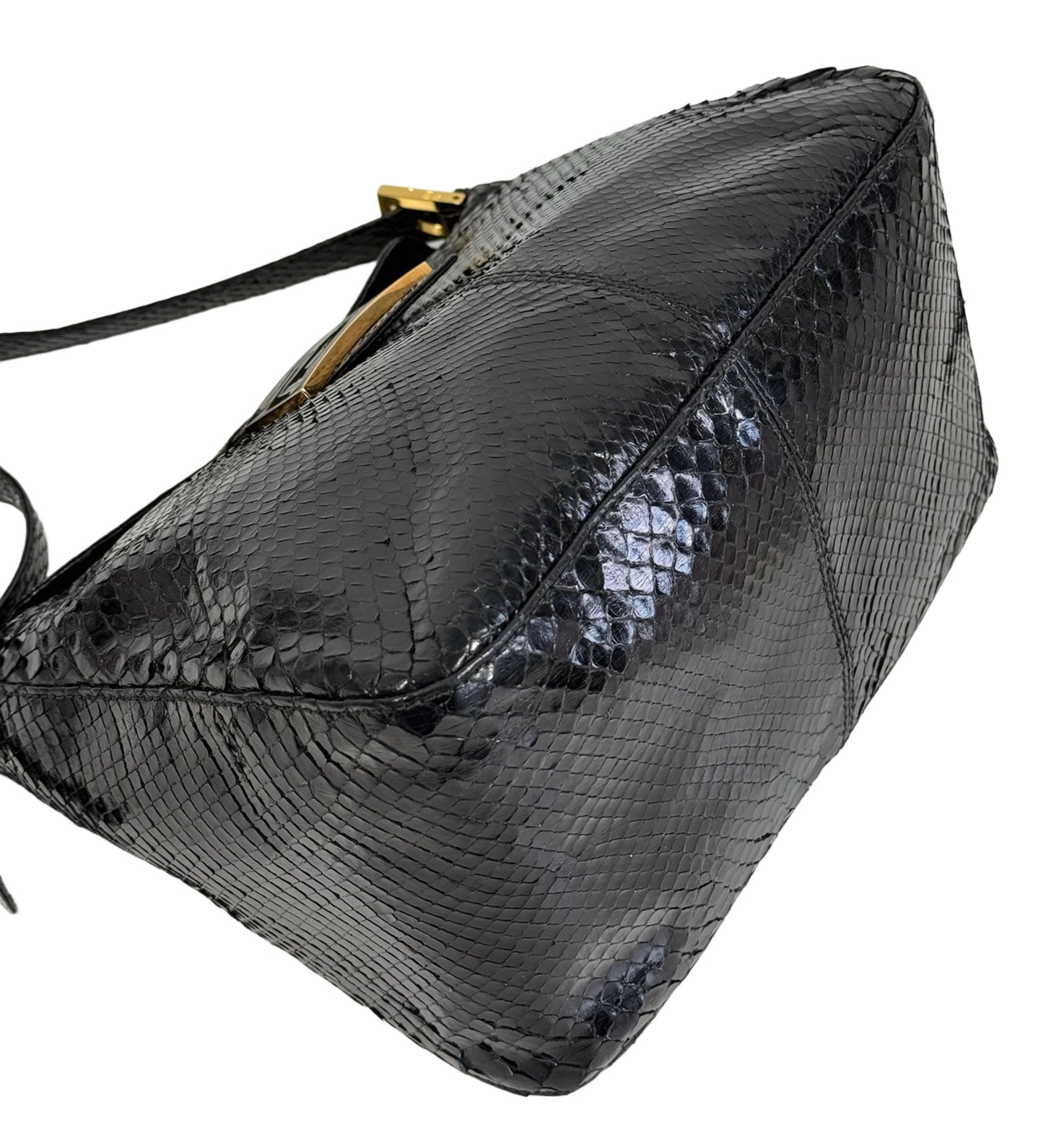 Fendi Vintage Black Snakeskin Double Flap Small Hobo Shoulder Baguette Bag
